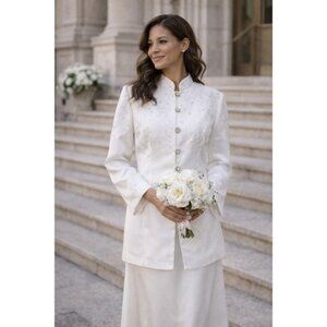 Elegant White 2-Piece Formal Skirt Suit | Lace Bodice Rhinestone Jacket | Women